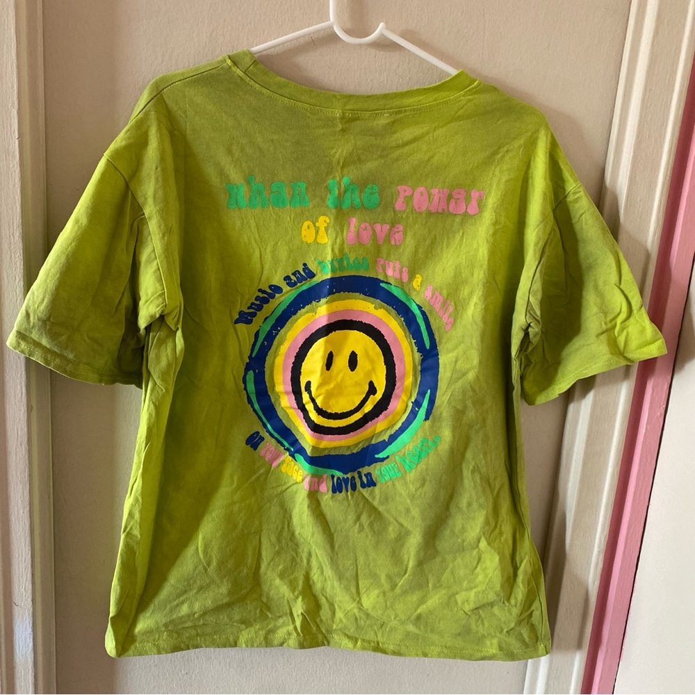 Acid Green T-shirt with Smiley Face Graphic on Back and “Of Love” in Front